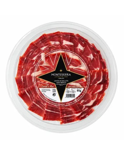 Montesierra 100% Iberian ‘Pata Negra’ bellota ham, 85 g, hand-sliced under modified atmosphere packaging.