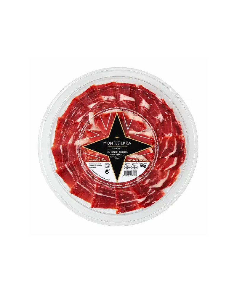 Jambon 100% ibérique bellota "Pata Negra" Montesierra 85 g coupé au couteau sous atmosphère protectrice.