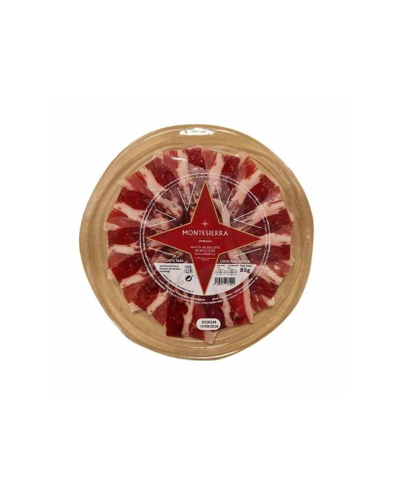 Jambon 50% ibérique Bellota Montesierra 85 g. Coupe type "tapa" en atmosphère protectrice.
